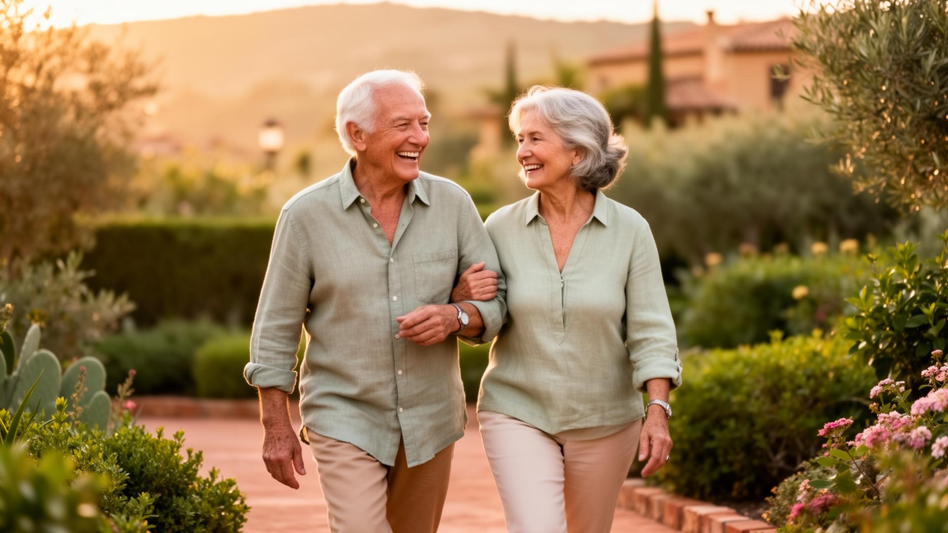 Pareja senior caminando por un jardín mediterráneo